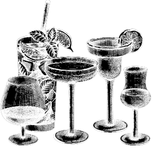 black and white sketch of various cocktails at the mahogany inn and distillery